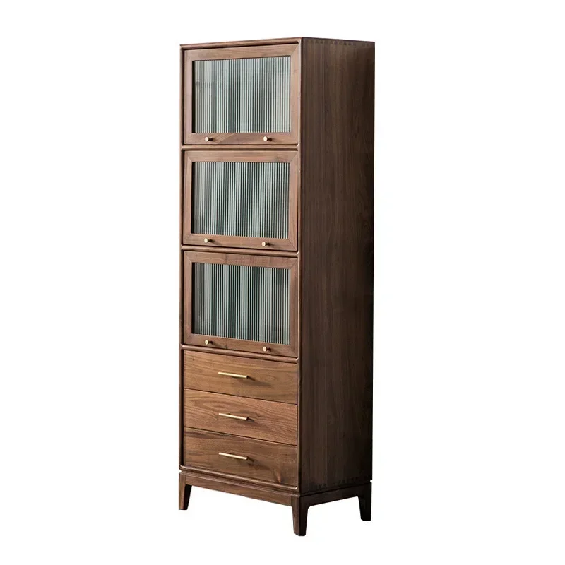 Nordic black walnut side cabinet, narrow Japanese simple Changhong glass clamshell locker