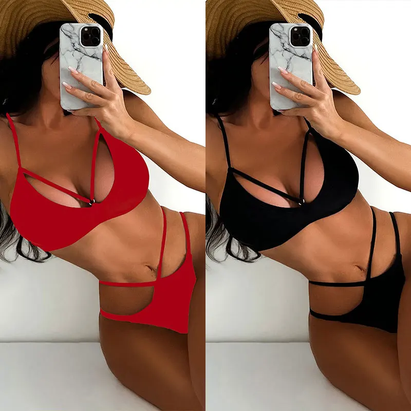

New solid color backless hollow-out beach two-piece bikini Sexy strap high-waisted swimsuit