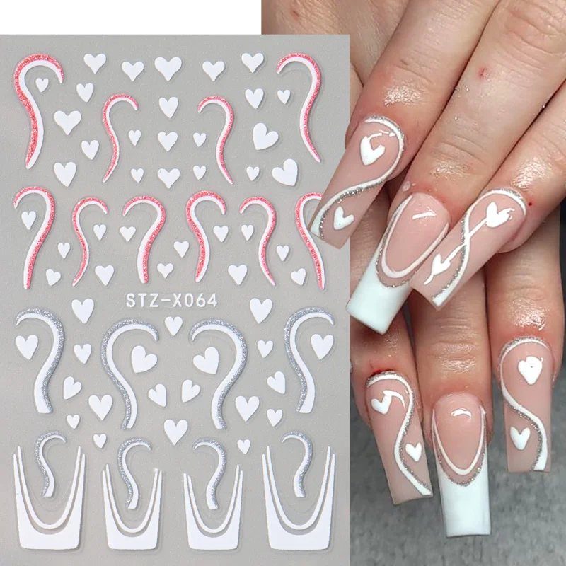 2pcs Sparkly Glitter Heart French Line Nail Stickers Pink Red Valentine Slider Designs Self-adhesive Nail Art Decals Decorations