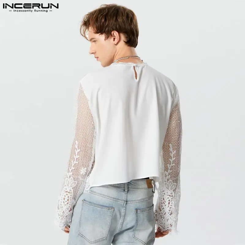 Men T Shirt Lace Patchwork O-neck Long Sleeve Tassel Sexy Fashion Camisetas Streetwear 2023 Transparent Crop Tops S-5XL INCERUN