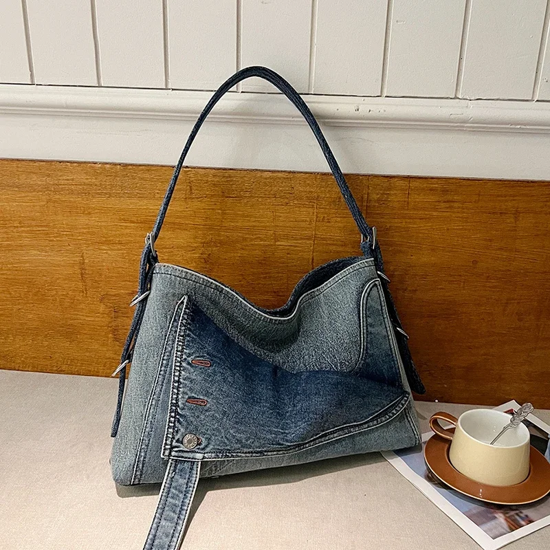 Denim grande capacidade bolsa de ombro feminina moda feminina 2024 nova alta qualidade casual retro bolsa de viagem