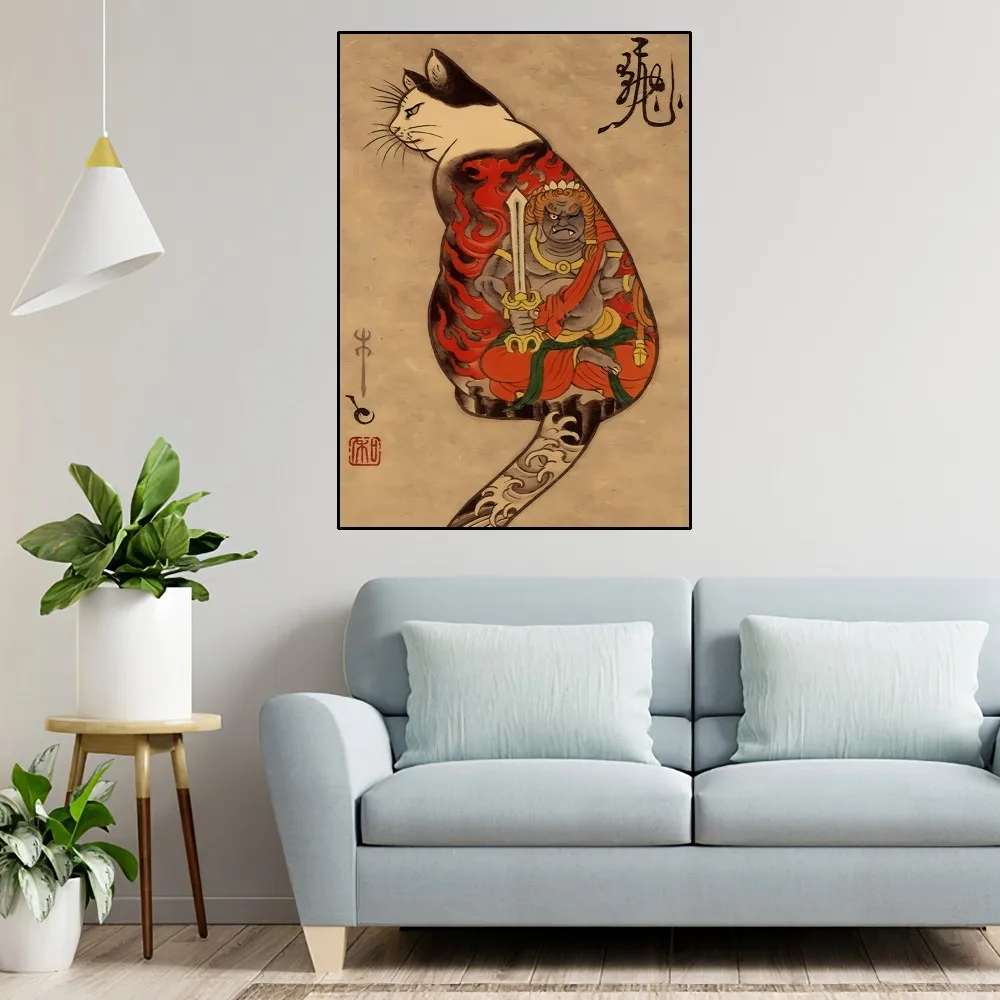 Japan Samurai cat cat tattoo Poster Home Room Decor Aesthetic Art Wall Painting Stickers