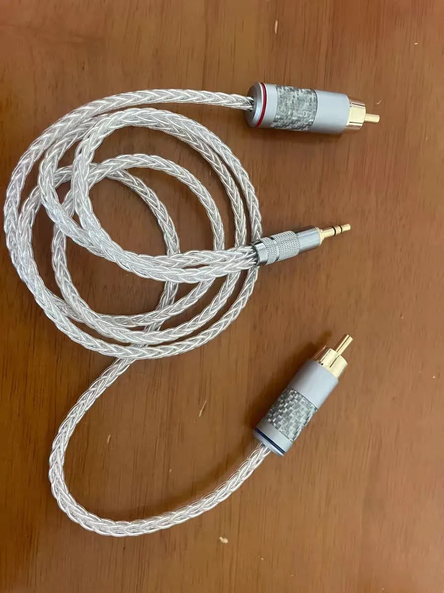 4.4MM 3.5mm to Dual RCA Audio Cable 8-strand braided design, gold-plated connectors, and silver-plated copper conductors.
