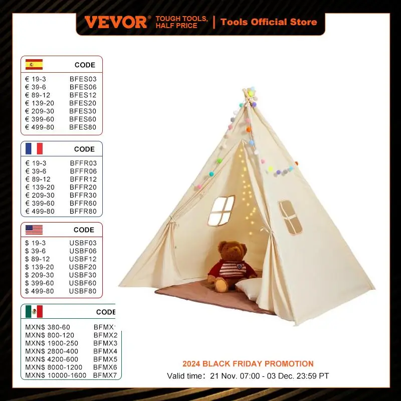 خيمة VEVOR-Teepee مع نوافذ ، خيمة لعب للأطفال ، طفل داخلي وخارجي ، من عمر 1 إلى 5 سنوات