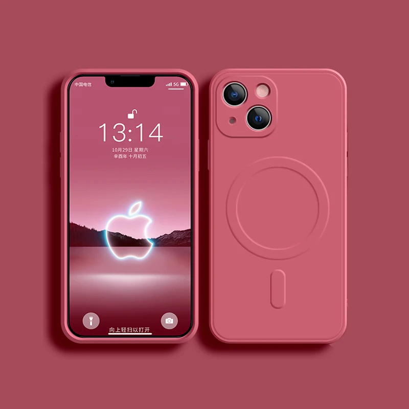 Voor Magsafe Magnetische Draadloze Lading Case Voor iPhone 14 13 12 11 15 Pro Max Mini XR XS 7 8 Plus Zachte Vloeibare Siliconen Achterkant