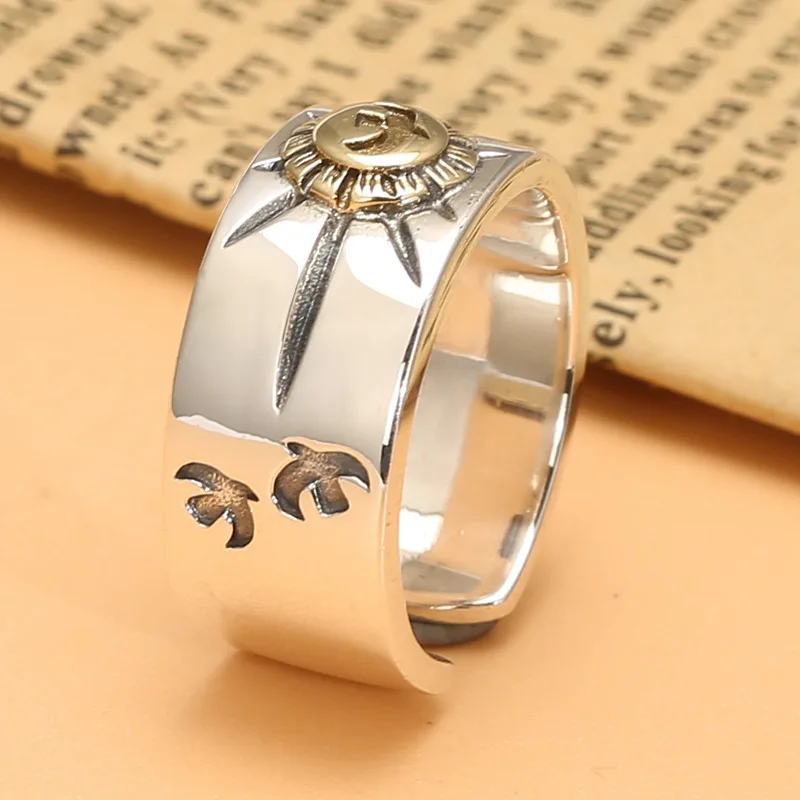 Bague ouverte en argent regardé S925 pour hommes et femmes, bague européenne et américaine, plume, point, or, éléments personnalisés, mode