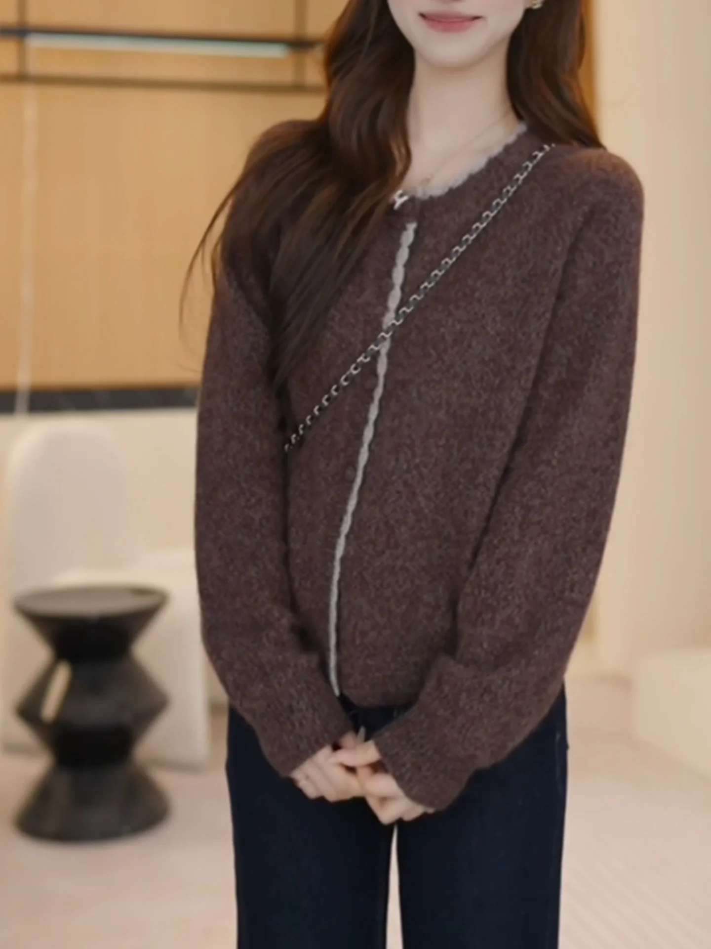 

Autumn Winter Women's Large Size Simple Lazy Long Sve round Ne Knitted Cardigan Coat Coffee Color Warmth Emitting Korean...
