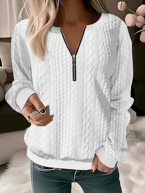 Y2K Women\'s Top 2023 Autumn and Winter New Fashion Casual Long Sleeve Solid V-Neck Zipper Design T-Shirt Top Basic Versatile