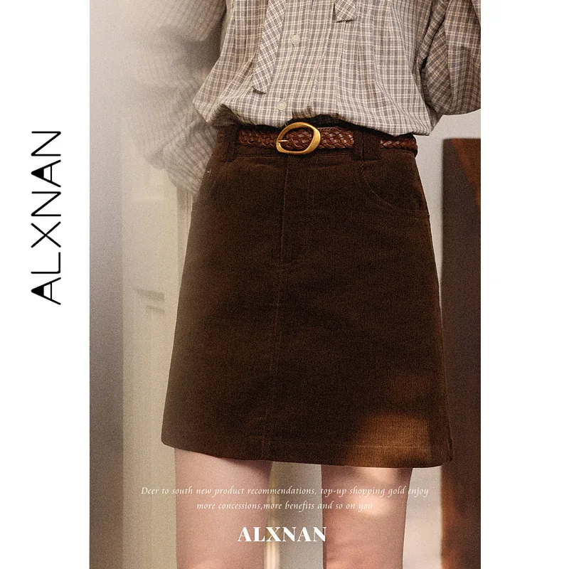 ALXNAN Coffee Short Skirt Women High Waist Dual Side Pockets A‑line Skirts Vintage Elegant Cotton 100% Female Clothing L67717