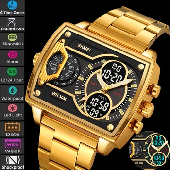 Skmei Herren-Sportuhren mit mehreren Zeitzonen, modische digitale Analoganzeige, wasserdichte Quarz-Armbanduhr, LED-Chrono-Wecker