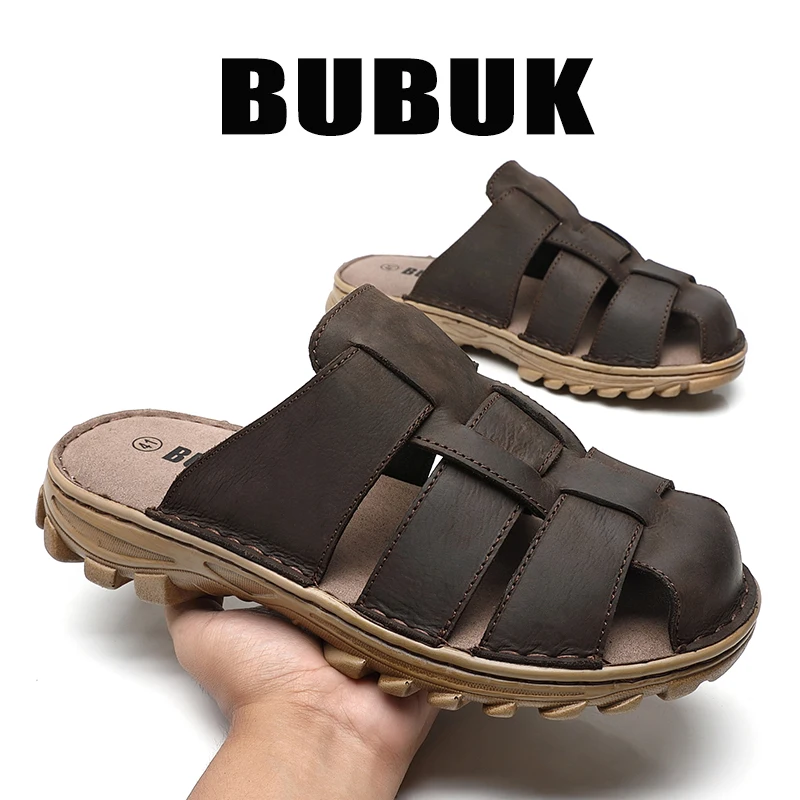 

Bubuk Men's Outdoor Casual Fashion Sandals Made of Top-Layer Cowhide, with Woven Genuine Leather Upper, Non-Slip and Wear-Resistant, Large Size Beach Shoes