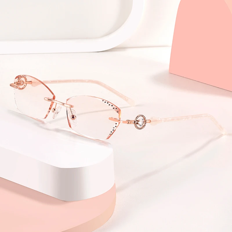 POVICH Luxurious Women Optics Glasses Rimless Eyewear Ornament Gradient Colored Lens Diamond Myopia Hyperopia Anti Reflective