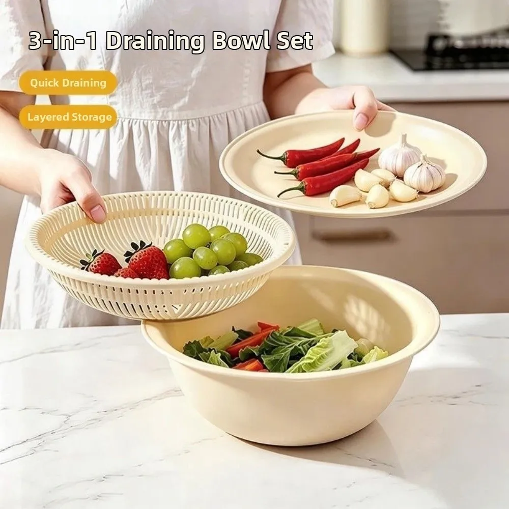 3Pcs/Set 3in1 Vegetable Washing Basin Large Capacity Quickly Drain Food Storage Container Multi-functional Practical