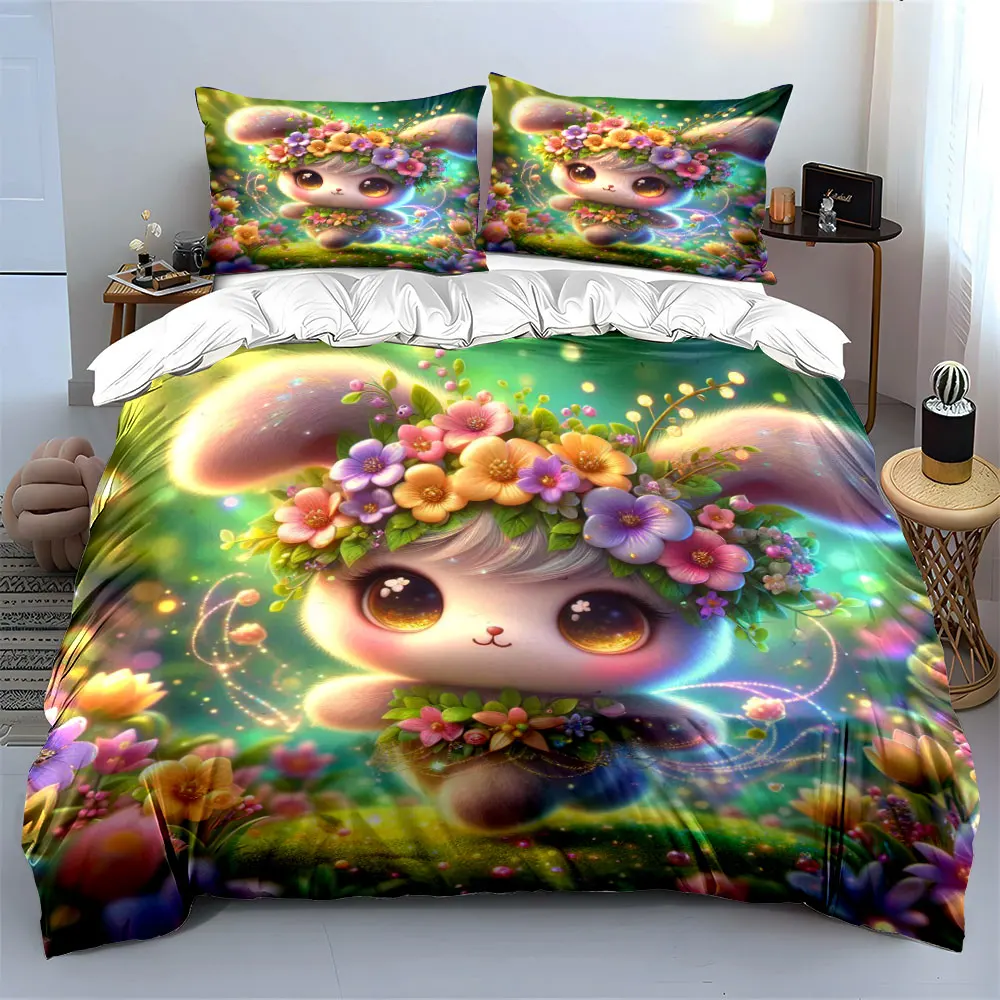 3pcs Dreamy Flower Wreath Bunny Decor Duvet Cover Set with 3D Printing Design Soft Polyester Bedding Set All-Season Comfort