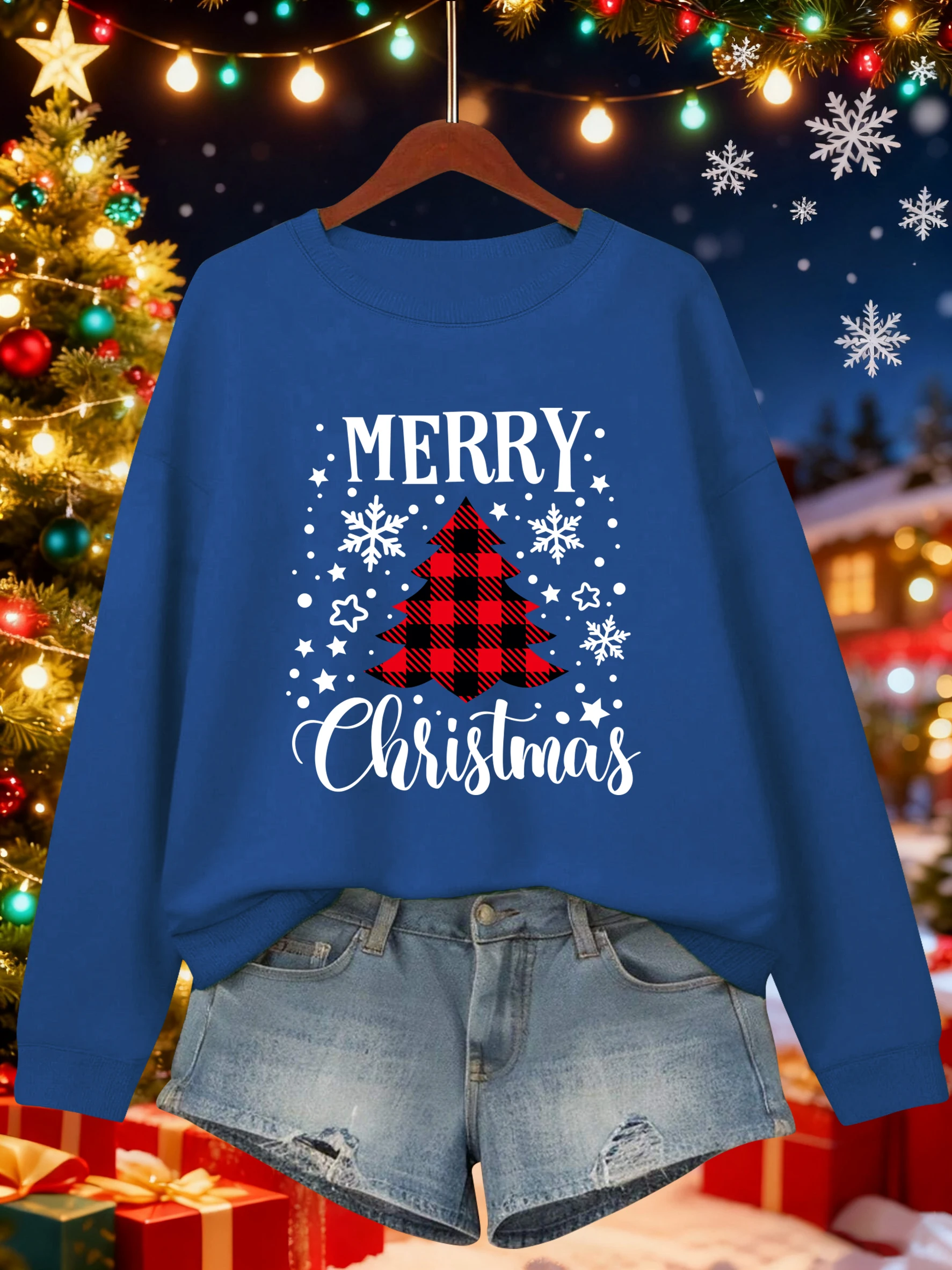 Joyeux Noël Rouge Grille Arbre Impression Sweat Femme Décontracté Y2K Multicolore Streetwear Pulls Ample Polaire O-cou Vêtements