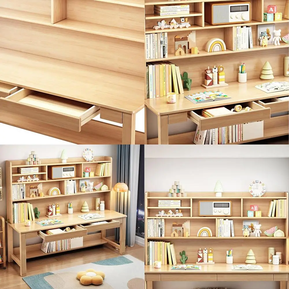 

Children's Study Desk with Hutch, Solid Wood, Ideal for Two, Suitable for Home Office or Kids' Room (Natural Finish)