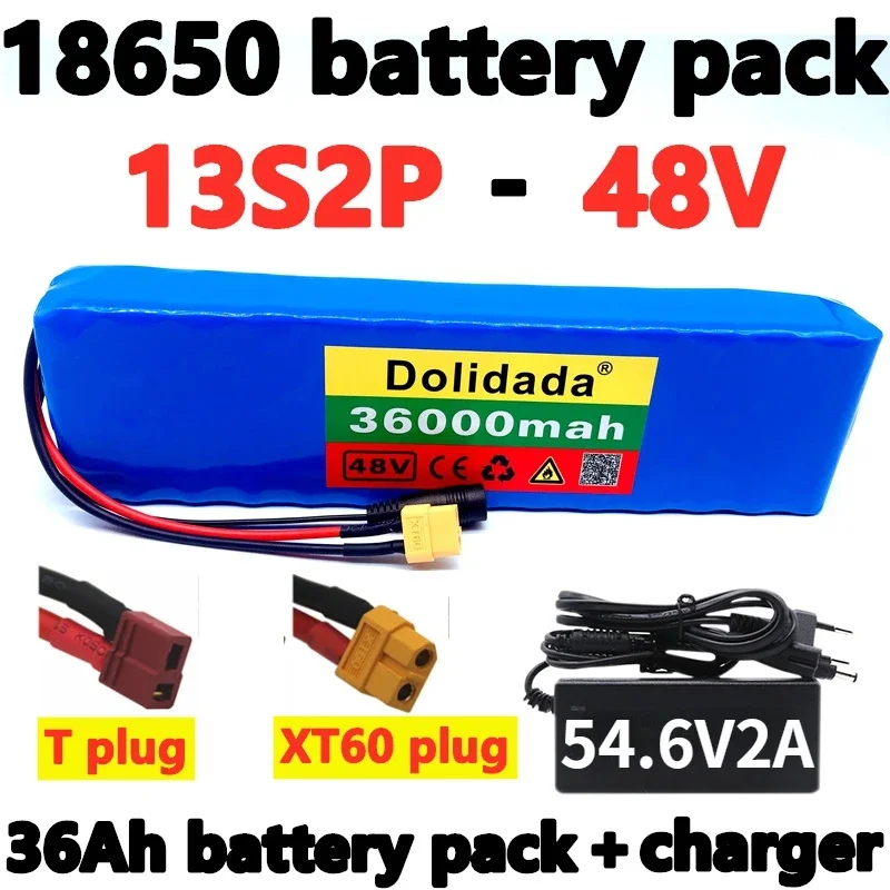 

Electric bicycle battery 48V 36Ah 18650 lithium-ion battery pack 13S2P bicycle 1000W and 54.6V 2A charger+XT60/T plug