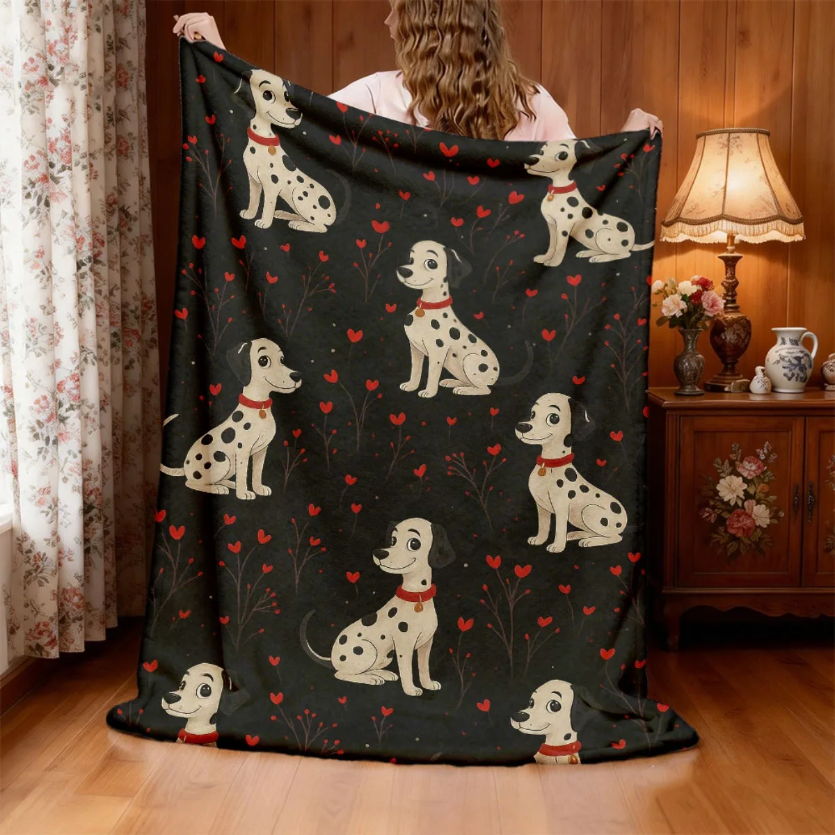 1pc Cozy Dalmatian Print Flannel Blanket Soft Polyester Fabric, Contemporary Style, AllSeason Throw for Sofa, Bed, Camping & Hom