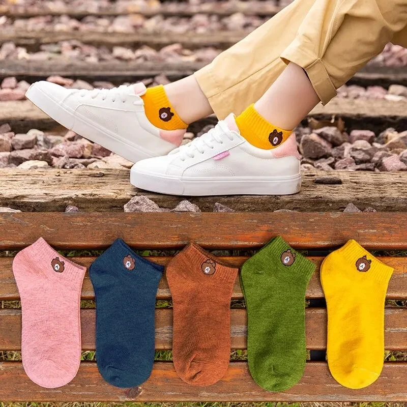 5/10 Pairs Women Low Socks Set Cute Bear Pattern Fashionable Women Casual Versatile Style Comfortable Breathable Short Socks