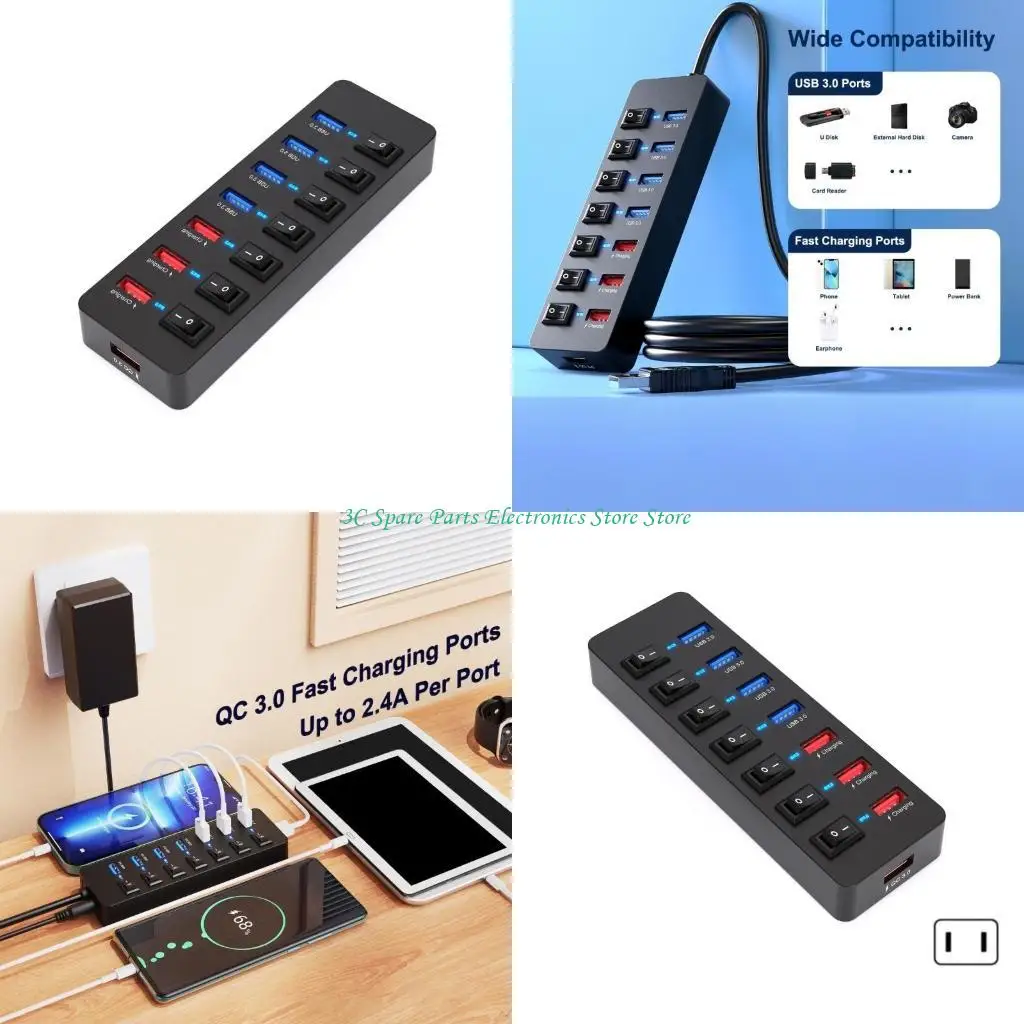 

SZ USB HUB 8 Port USB -концентратор с отдельными светодиодными переключателями 4XUSB3.0+3XUSB+36W Зарядка разветвитель для ПК.