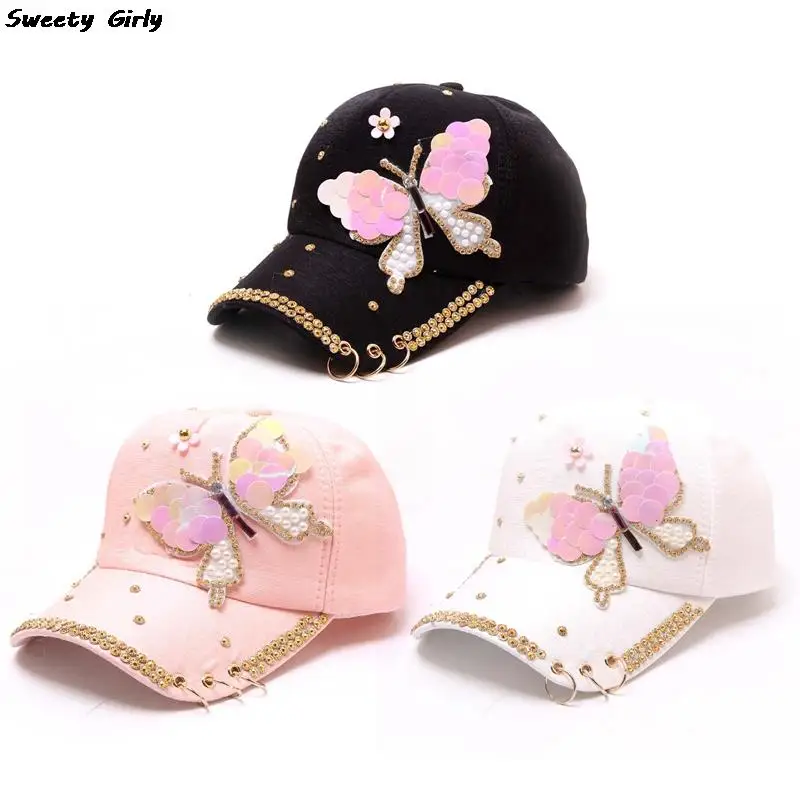 Butterfly Diamond Baseball Caps Women Studded Outdoor Golf Cap Ladies Casquette Hat Metal Rings Sun Hat Shiny Jewelry Visors