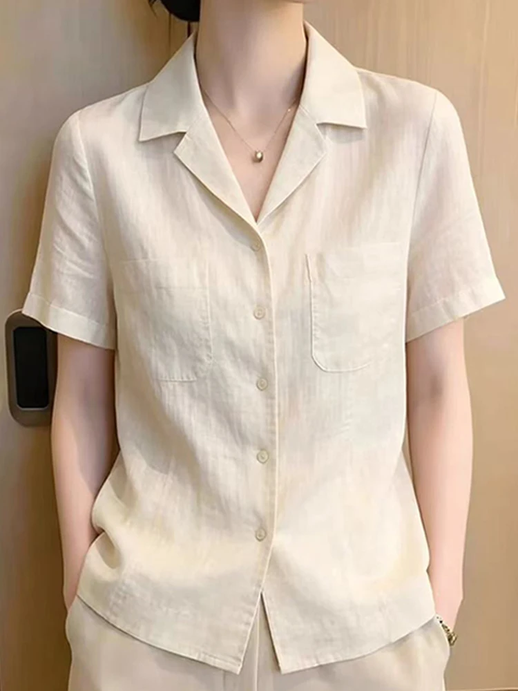 Elegant Short Sleeve Turn-down Collar Shirt Women's Fashionable Apricot Slimming Top for Middle-aged Women Daily Wear