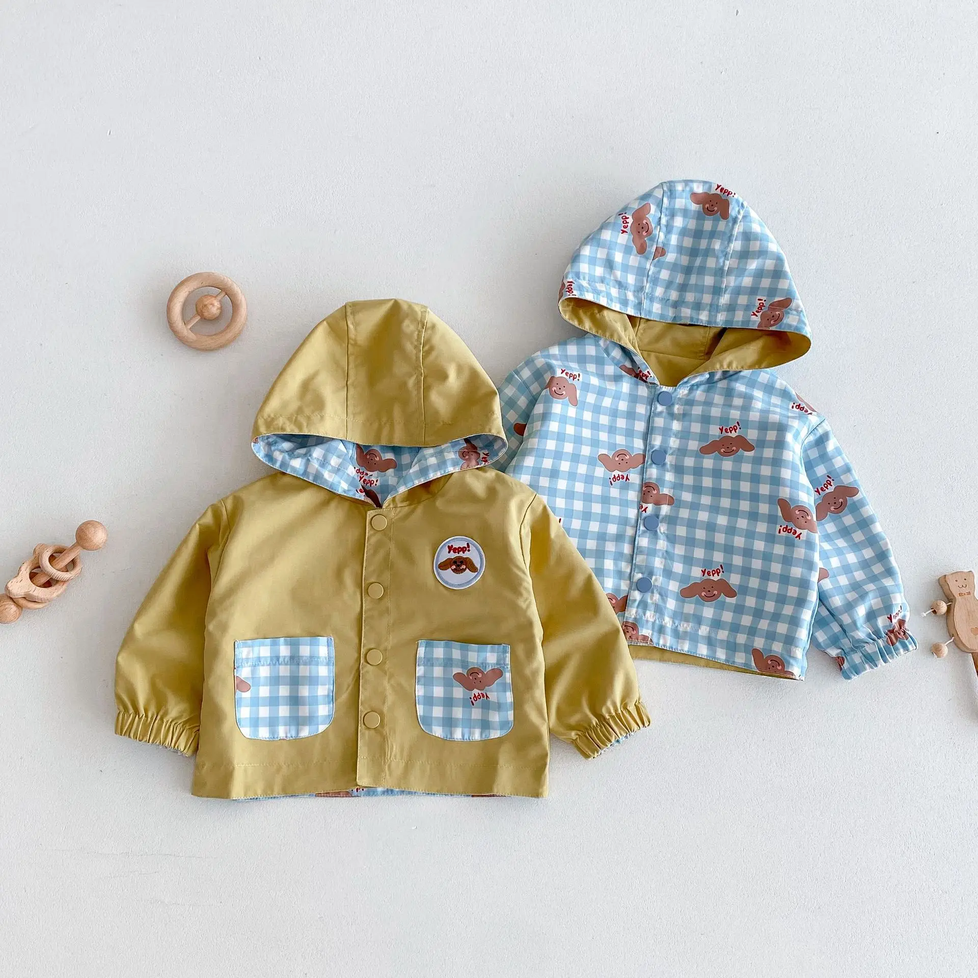 

Children's double-sided jacket 0-5 years old Korean children's clothing boys hooded plaid top