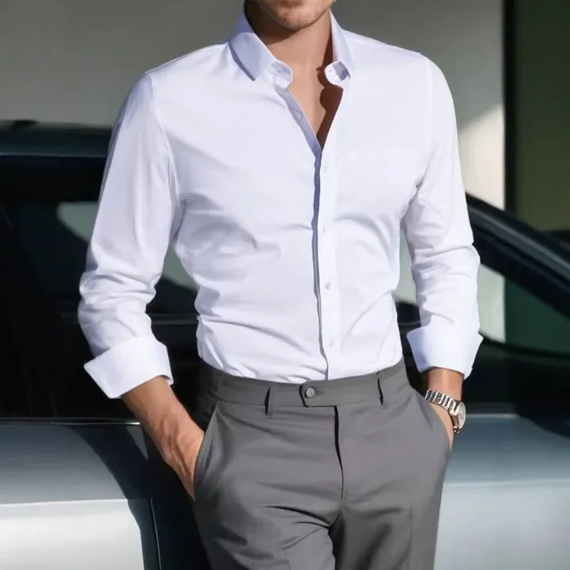 New Arrival Men's Solid White Business Dress Shirts Long Sleeve Lightweight Slim Fit Plus Size Formal Office Casual Daily Wear T