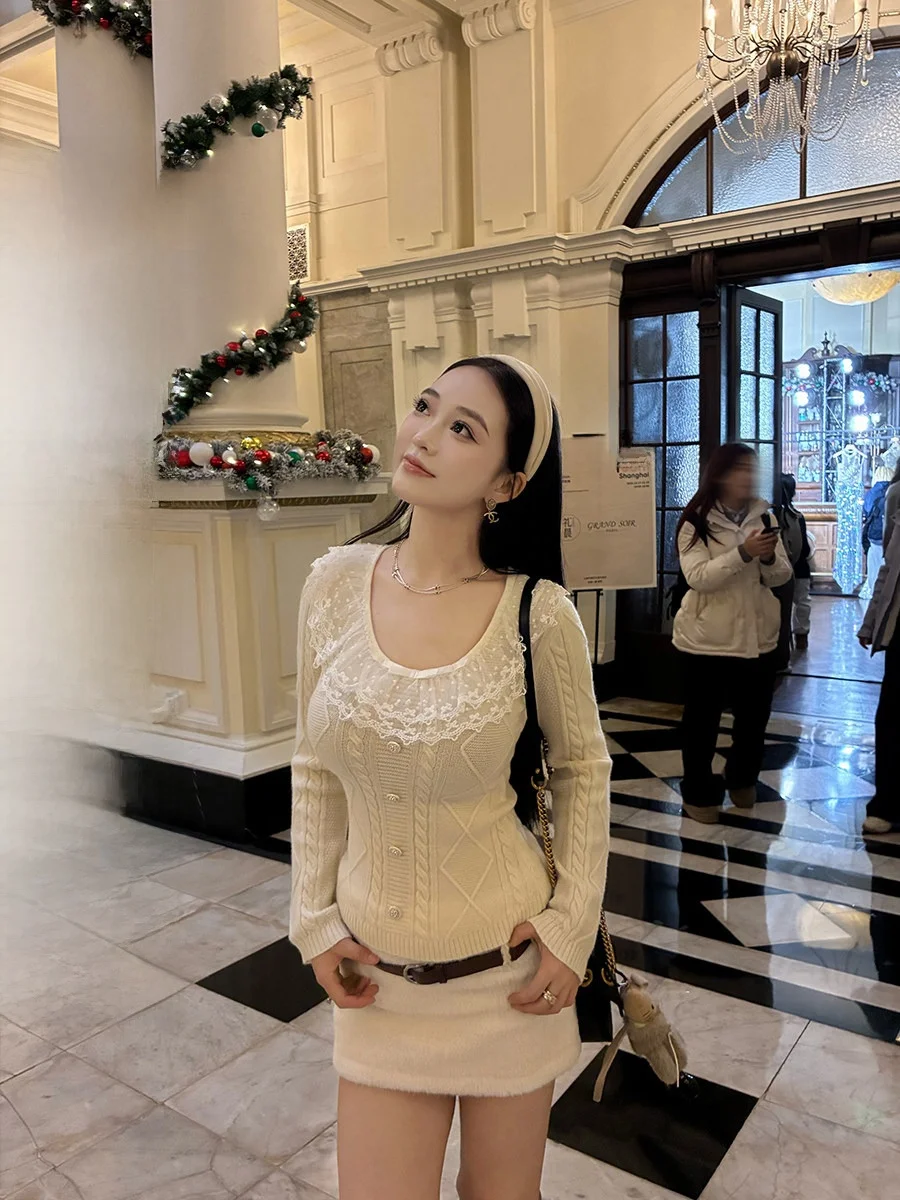 

Элегантный женский топ с кружевной отделкой и U-образным вырезом, двухслойный, с эффектом пышности, стройнящий, для повседневной носки и свиданий, с длинными рукавами