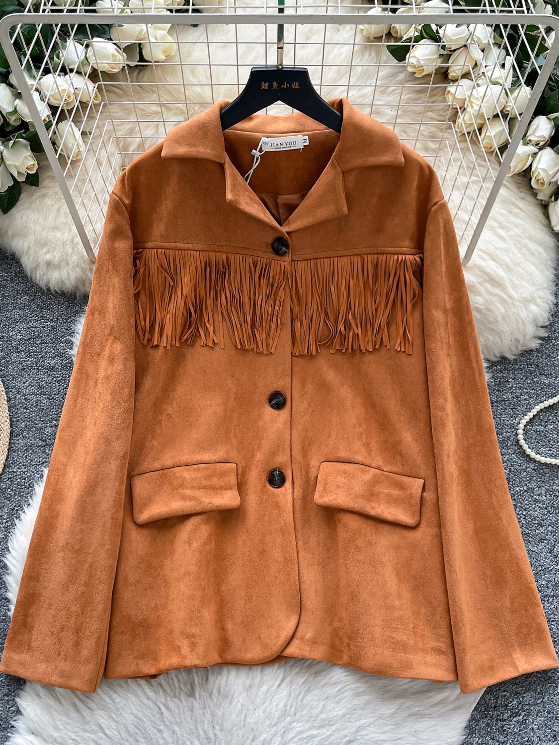 

Retro Lapel Jaet Women's Autumn Tassel Worn-In Loose Street Sle Ele Faionable Top Ladies Commute Sle