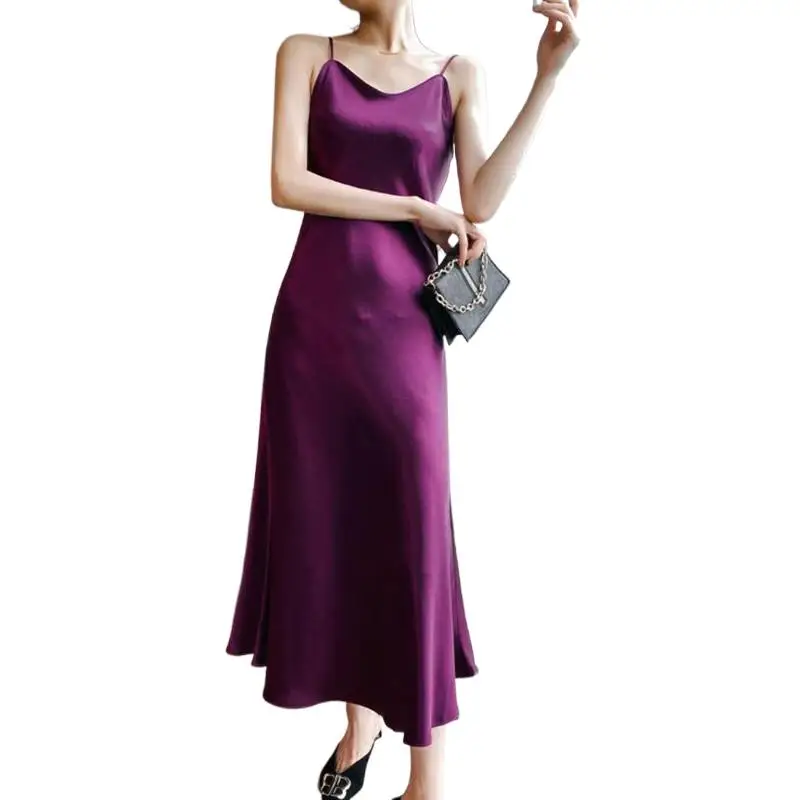 Sukienka satynowa długa, seksowna, modna na lato 2026, damska sukienka imprezowa z satyny octanowej, wysoki stan, wyszczuplająca, retro, czerwona, różowa, robe femme.