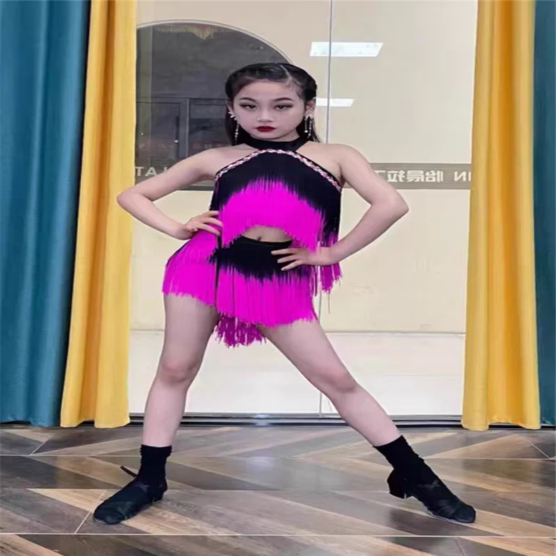 

Skirts Child Latin Ballroom Tango Dancewear New Pink Black Latin Fringes Dance Costume Girls Latin Tassels Dress