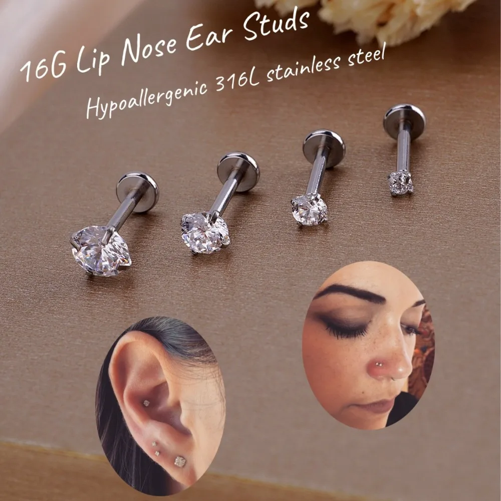 1pc Stainless Steel Insert Lip Stud Ear Stud Nose Stud Inner Pin Rod Four Claws Zircon Piercing Lip Decoration