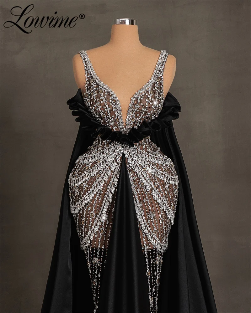 2024 Heavy Crystal Tassels Celebrity Dresses Black Satin See Through Long Prom Dress Luxury Wedding Party Dress Prom Gowns Robe