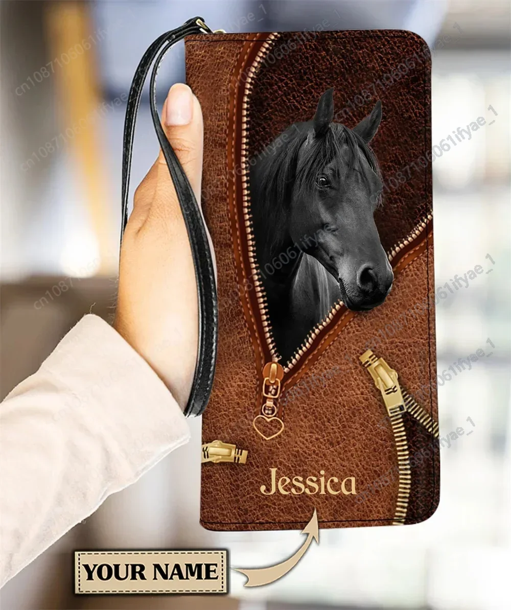 Brown Vintage Women's Leather Purse Funny Black Horse Pattern Long Money Bag Ladies Portable Coin Wallet Girls Custom Clutch Sac