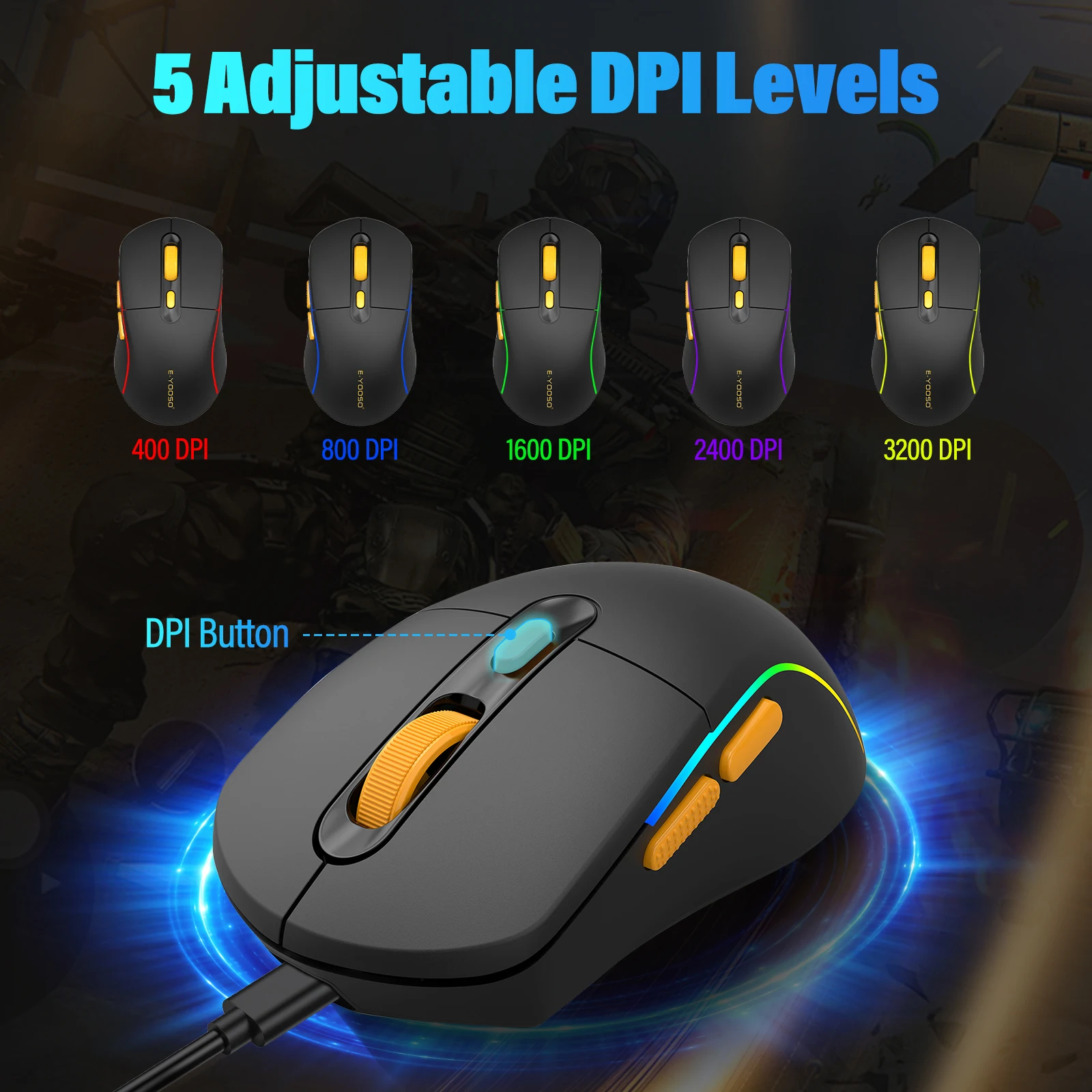 

E-YOOSO Wired Gaming Mouse, 3200DPI 5 Adjustable Levels, RGB Backlit, Lightweight