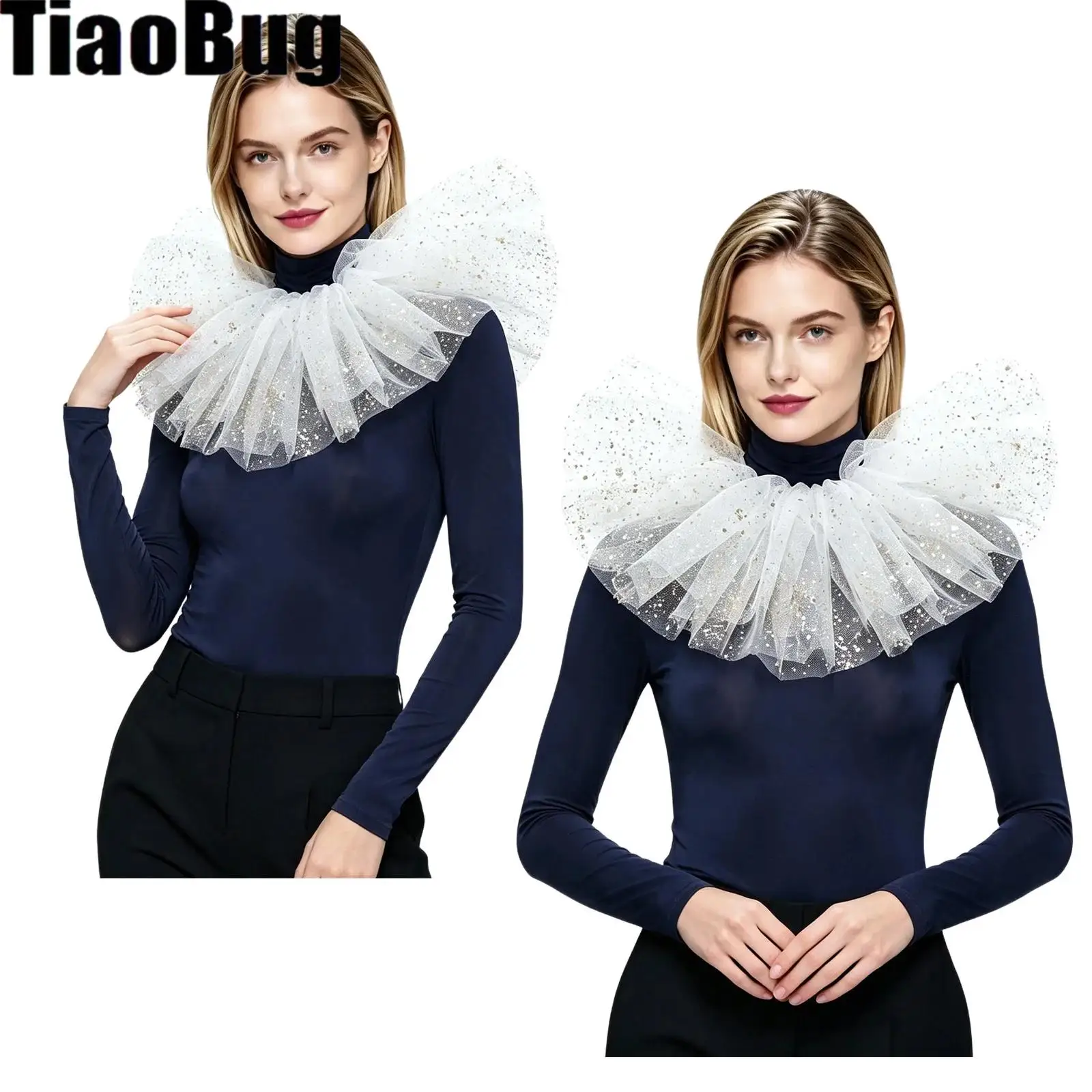 Women Adjustable Mesh Tulle Shawl Layered Ruffled Victorian-style Faux Collar for Halloween Cosplay Stage Performance Party
