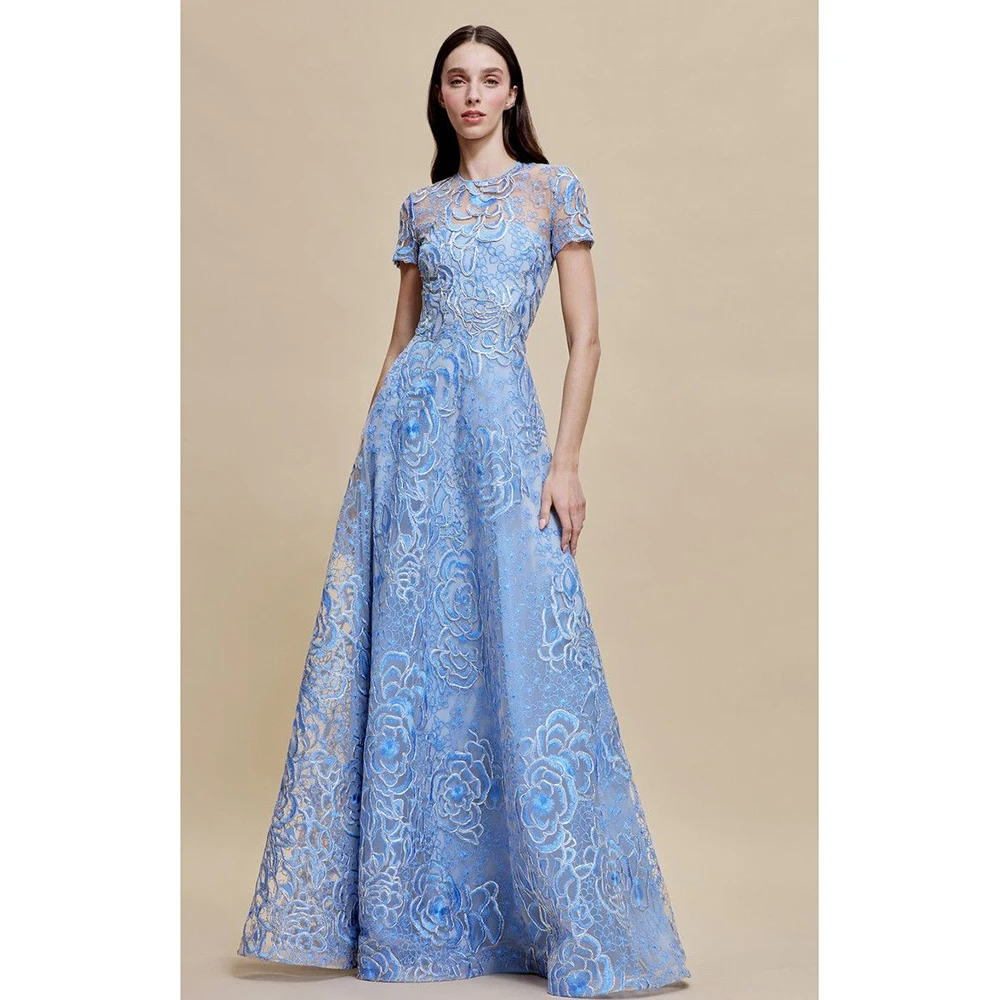 Light Blue Floral Lace Evening Gown Women's Short Sleeve Round Neck Formal Party Dress Elegant Maxi Prom Ball Gown 2026 New