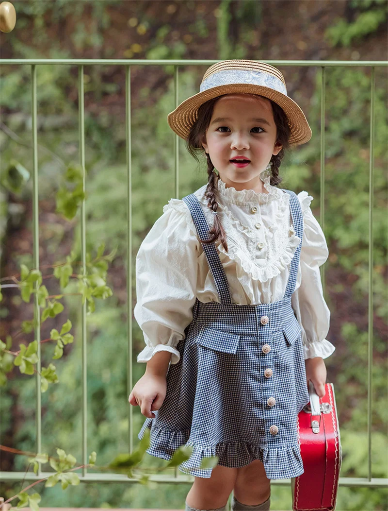 Fall 2025 Korean Style Girls Plaid A-Line Overalls with Lace Trim Mini Checkered Bib Overalls for Children Dress