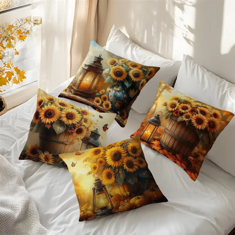 Sunflower Bouquet Lamp Cushion Pillowcase Printed Polyester 45x45cm Throw Pillowcover Decorative Sofa Cushion Pillowslip Decor