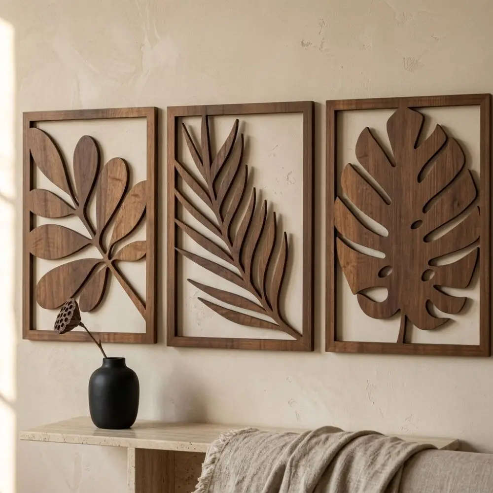 3Pcs Rustic Wooden Tropical Leaves Wall Sign Farmhouse Artistic Monstera Wall Panel Set Cutout Leaf Botanical Pattern