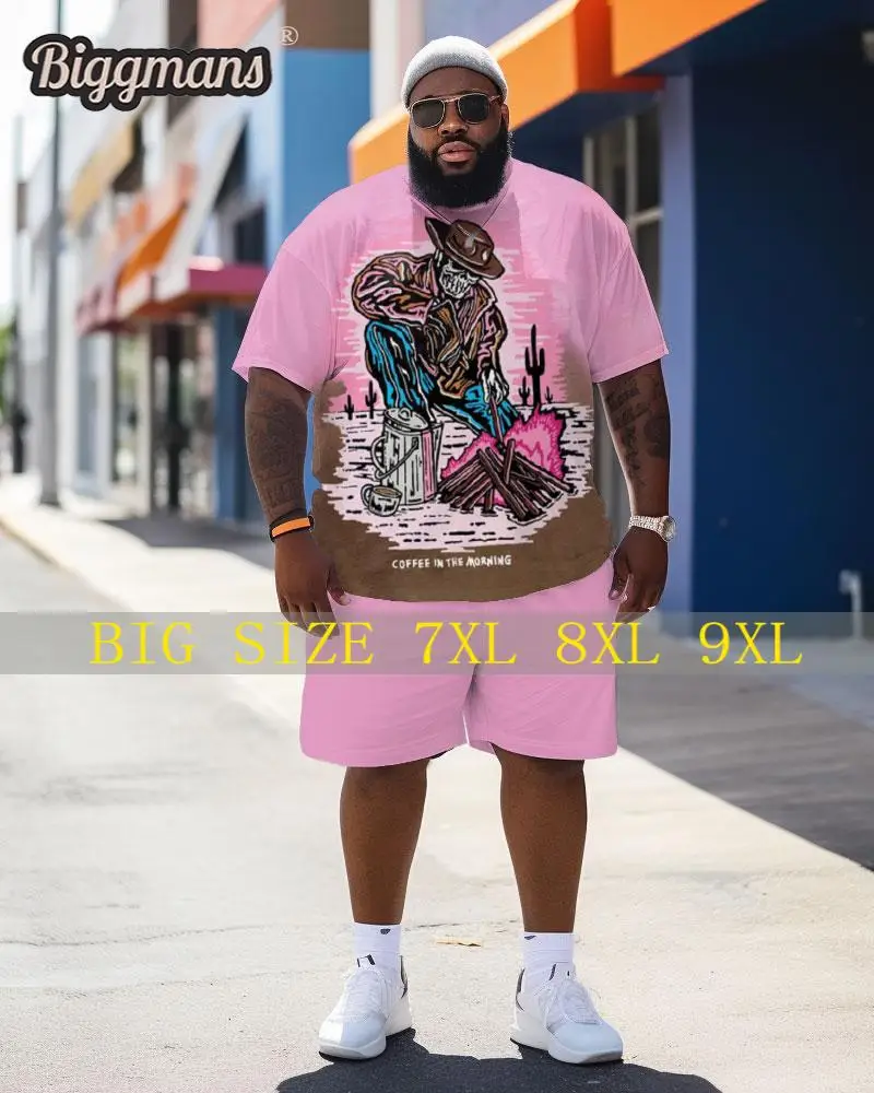 Biggmans L-9Xl Plus Size for Men's Skeleton Clothing Pink Print Pattern Short Sleeves Shorts Cartoon T-Shirt Big and Tall L-9Xl