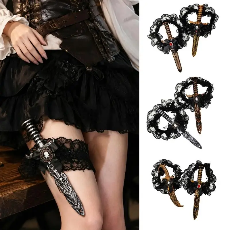 39BD Costume leg garter set with faux blade accents and lace trim for cosplay