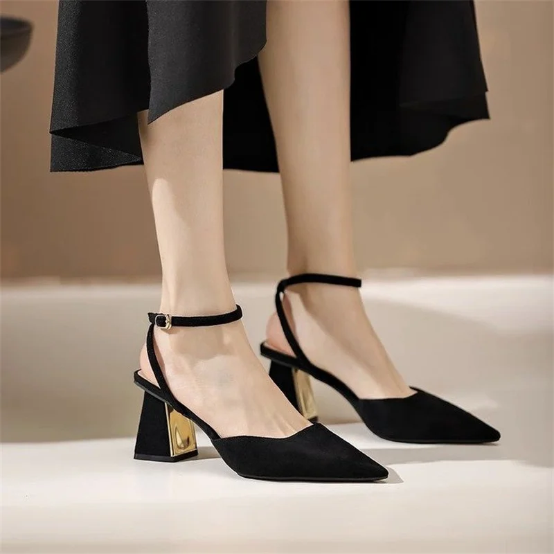 Thick Rooted French Baotou Sandals for Women 2023 New Hollow Electroplated High Heels Casual Women's Shoes