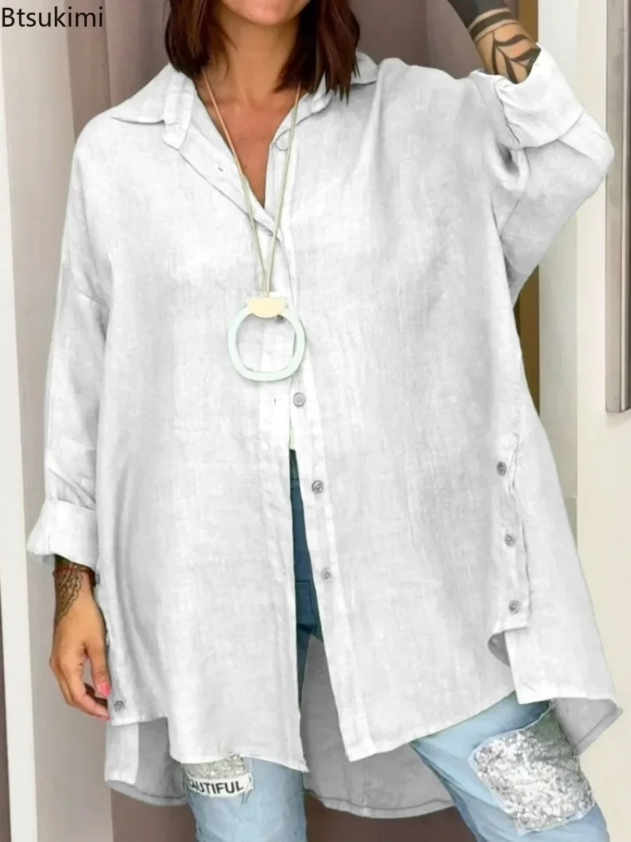 New 2025 Women's Loose Casual Cotton Linen Shirts Summer Solid Button Cardigan Tops Breathable Mid-length Irregular Blouse Femme