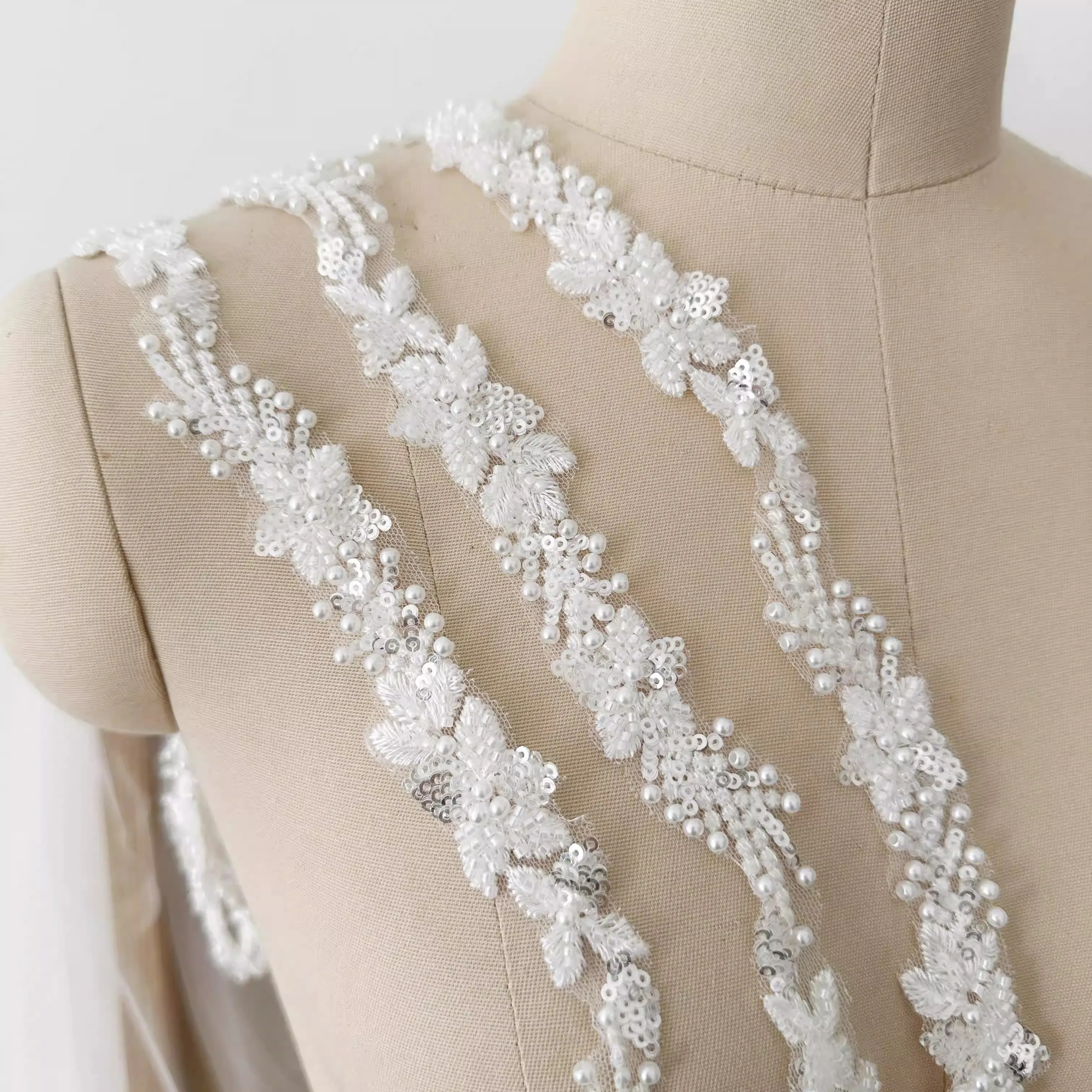 

12.4meter Customized minimalist beaded lace nigerian lace fabrics 2025 Head veil wedding dress DIY lace flower lace trim