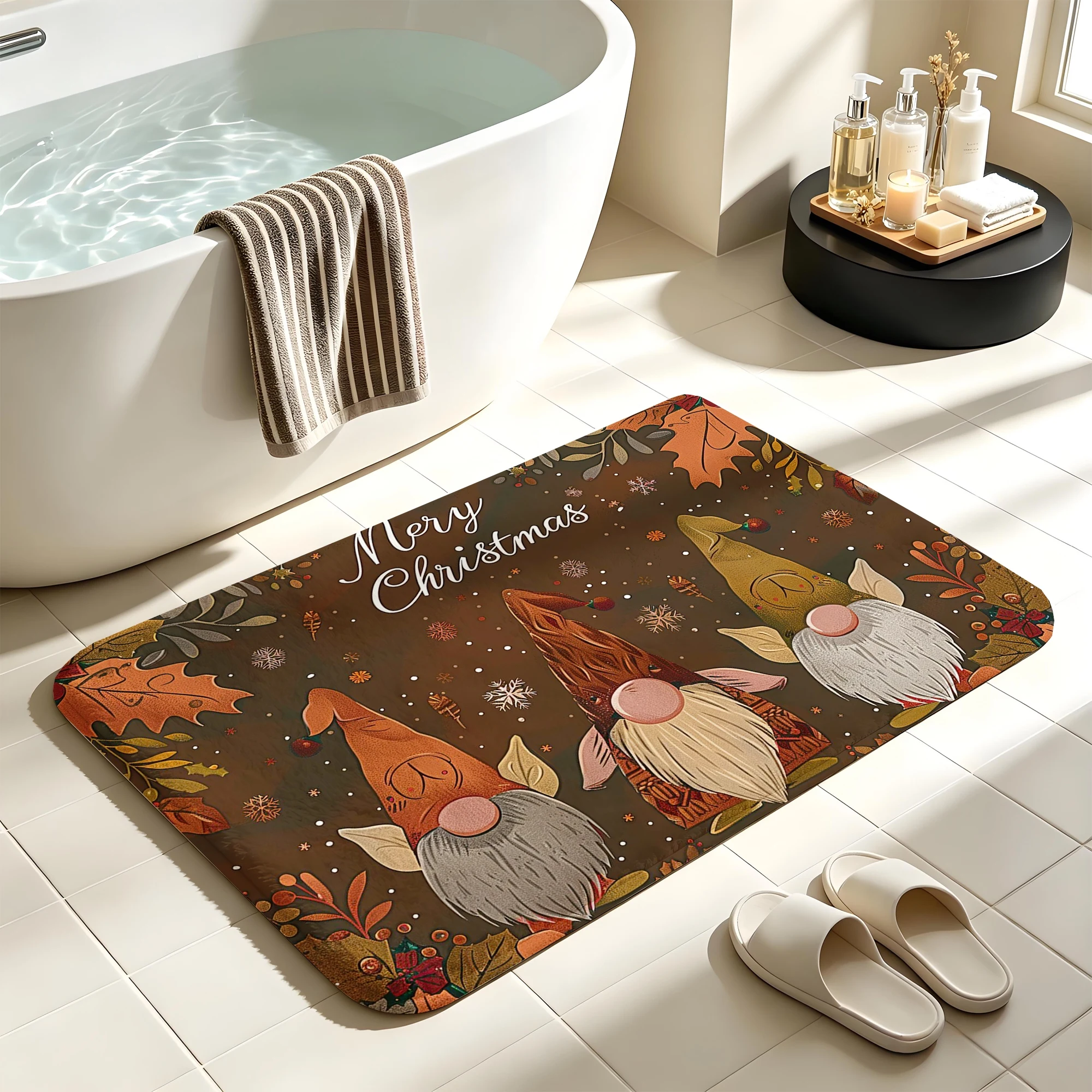 Christmas Gnome Elf Autumn Leaf Print Plush Absorbent Sponge Mat,Bathroom Non‑Slip Mat & Decorative Door Mat