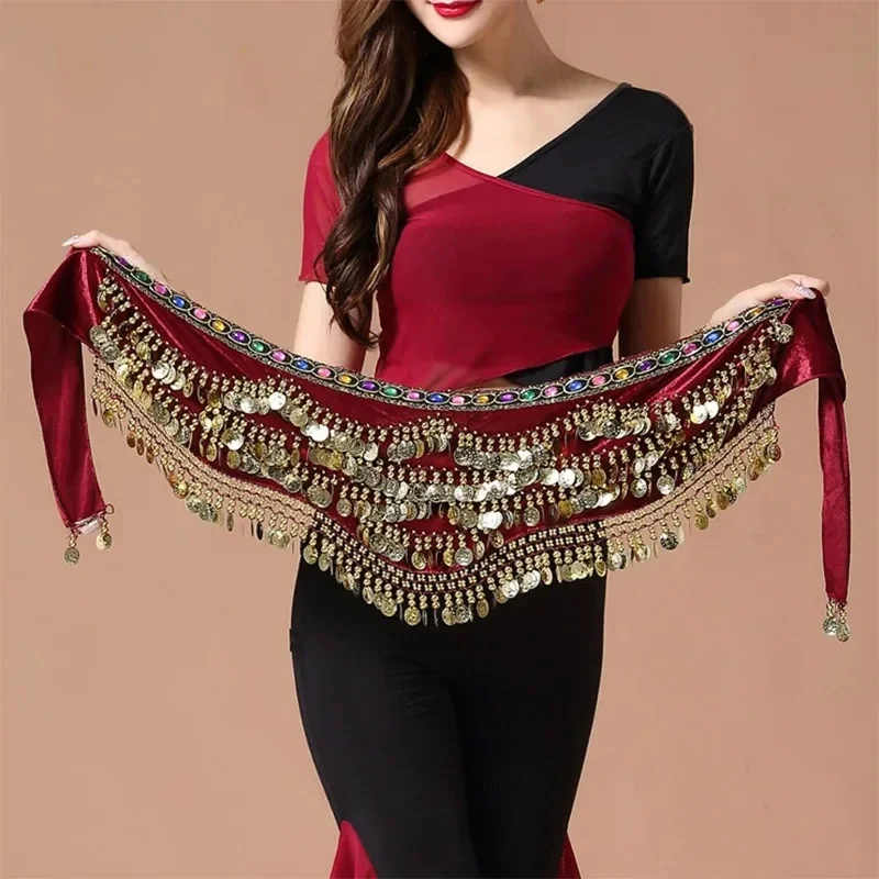 Moneta do tańca brzucha Akcesoria do odzieży Tańczący pasek na monety Orientalny indyjski taniec brzucha Pasek na monety Bell Dance Hip Scarf Golden