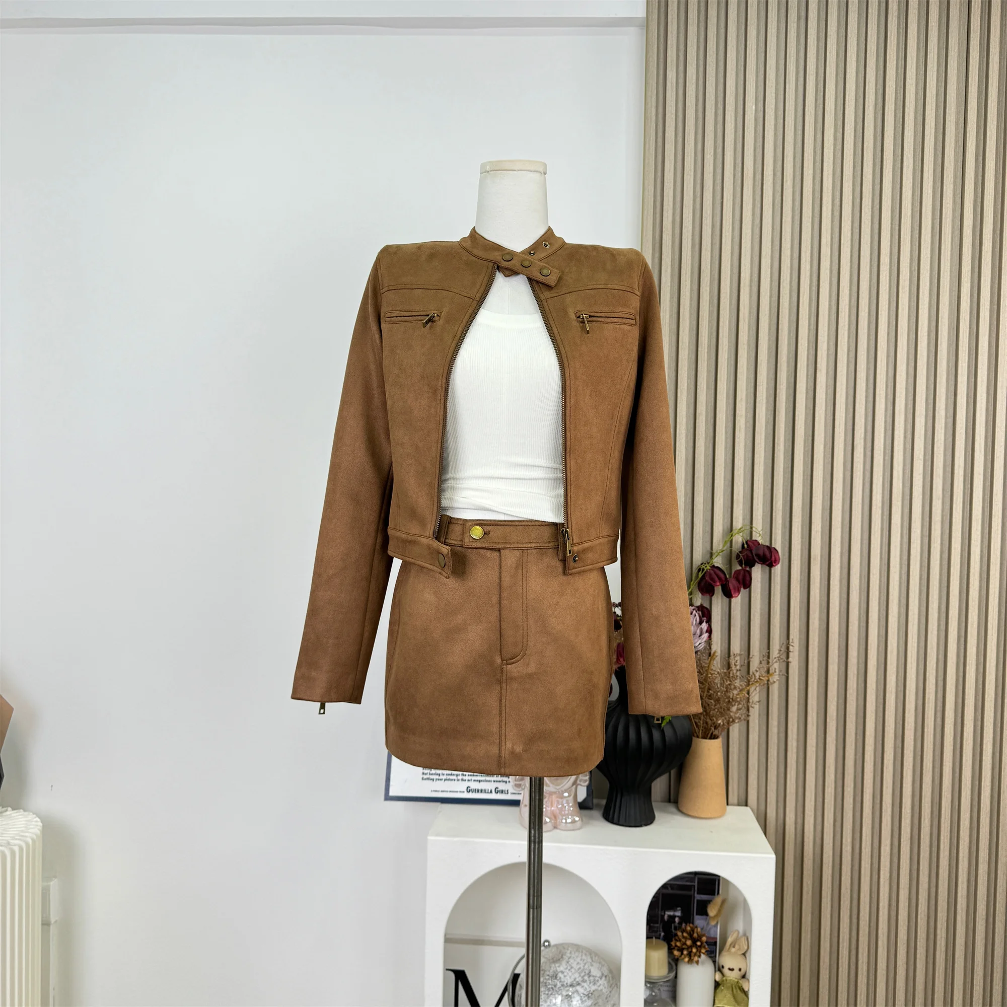 

Suede Motorcycle Jacket Skirt Two-piece Set Two Piece Sets Womens Outifits