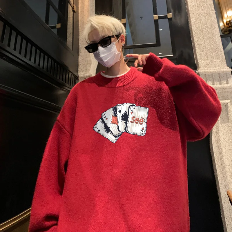 Sweter Pria Ukuran Besar Musim Gugur Putih Rajutan 5XL Motif Poker Fashion Pakaian Kasual untuk Pria Pullover Rajut Pakaian Pria